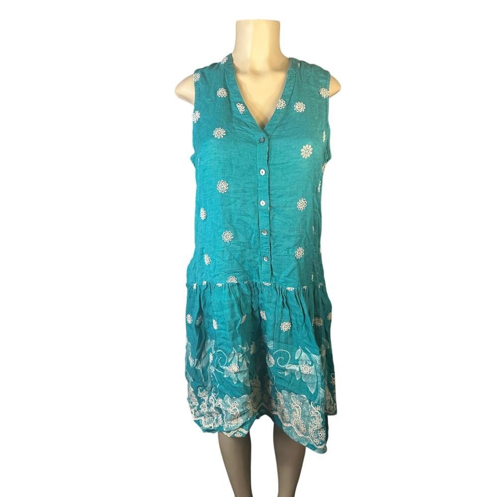 Women M Anthropologie Maeve Pippa Green Eyelet Button Floral Swing Mini Dress - Picture 2 of 7